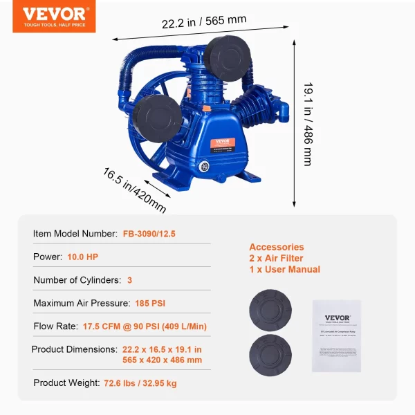 Hlava vzduchového kompresora, 10 HP, 17,5 CFM pri 90 PSI, 3-valcová olejom mazaná piestová hlava vzduchového kompresora, dvojstupňová náhrada za liatinové vzduchové kompresorové čerpadlo typu V s max. tlakom 185 PSI – Obrázok 6