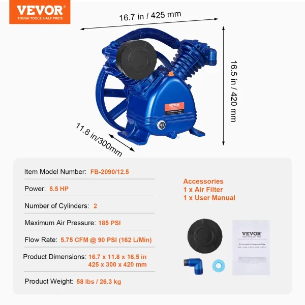 Hlava vzduchového kompresora, 5,5 HP, 5,75 CFM pri 90 PSI, olejom mazaná dvojvalcová piestová hlava vzduchového kompresora, náhrada dvojstupňového liatinového vzduchového kompresora typu V s max. tlakom 185 PSI – Obrázok 6