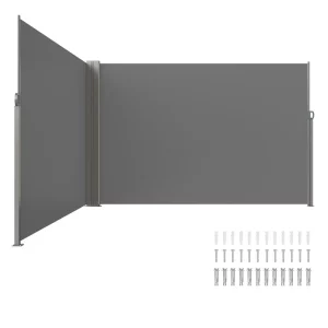 Bočná markíza 200 x 600 cm, vyrobená z polyesterovej tkaniny 180 g/m² s PU záterom, výsuvná rukoväť s pružinovým mechanizmom, ochranná stena na balkóny a do dvora, sivá