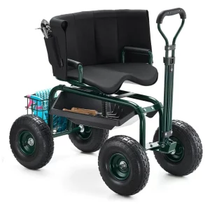Mobilná záhradná stolička 810x480x690/770 mm, záhradná stolička na kolieskach s výškovo nastaviteľným a 360° otočným sedadlom, nosnosť 180 kg, operadlo a úložný priestor na náradie, do záhrady, na dvor, na terasu