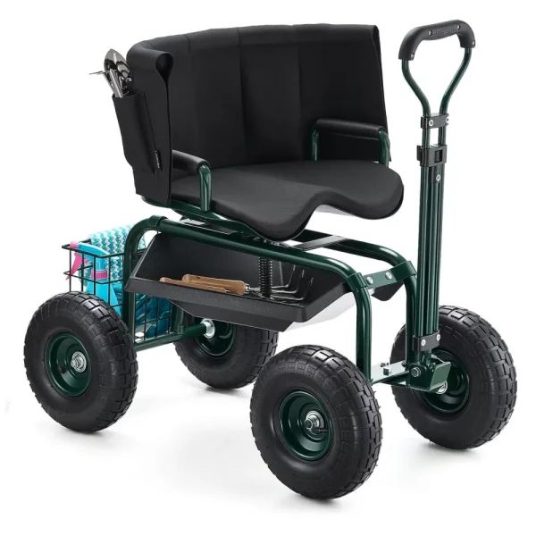 Mobilná záhradná stolička 810x480x690/770 mm, záhradná stolička na kolieskach s výškovo nastaviteľným a 360° otočným sedadlom, nosnosť 180 kg, operadlo a úložný priestor na náradie, do záhrady, na dvor, na terasu