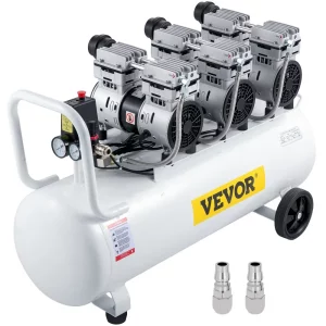 Whisper Compressor Bezolejový vzduchový kompresor 100 l tichý s 2 tlakomermi na domáce opravy, čistenie podlahového kúrenia, lakovanie plechov, oceľovú vzduchovú pištoľ, zubné ošetrenie atď.