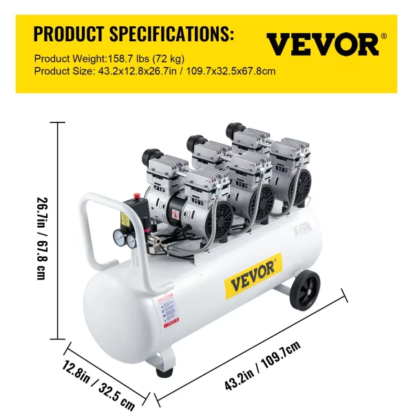 Whisper Compressor Bezolejový vzduchový kompresor 100 l tichý s 2 tlakomermi na domáce opravy, čistenie podlahového kúrenia, lakovanie plechov, oceľovú vzduchovú pištoľ, zubné ošetrenie atď. – Obrázok 5