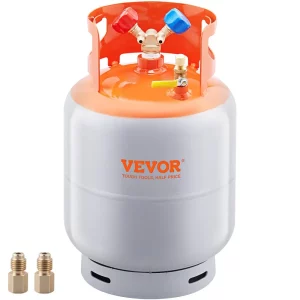 Expanzná nádrž na chladivo, objem 50 lb, prenosná valcová nádrž s tlakom 400 psi s ventilom v tvare Y pre kvapaliny/pary, vysoko utesnená expanzná nádrž pre R22/R134A/R410A, oranžová + sivá