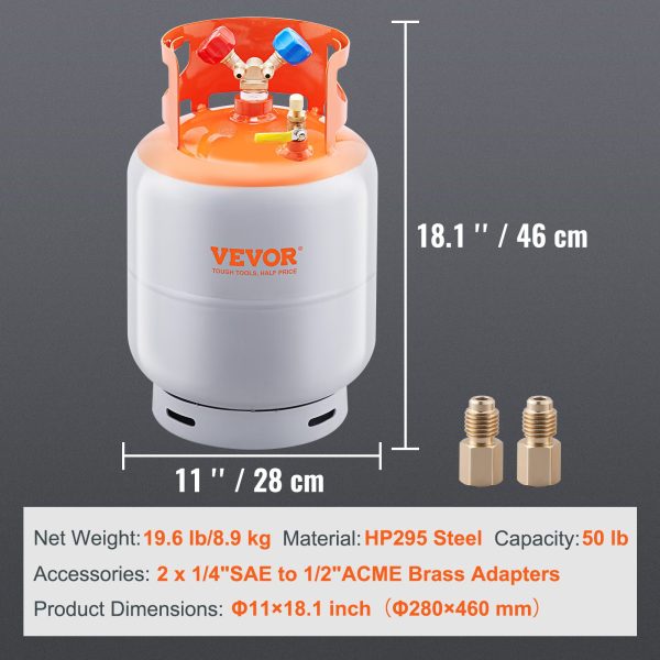 Expanzná nádrž na chladivo, objem 50 lb, prenosná valcová nádrž s tlakom 400 psi s ventilom v tvare Y pre kvapaliny/pary, vysoko utesnená expanzná nádrž pre R22/R134A/R410A, oranžová + sivá – Obrázok 7