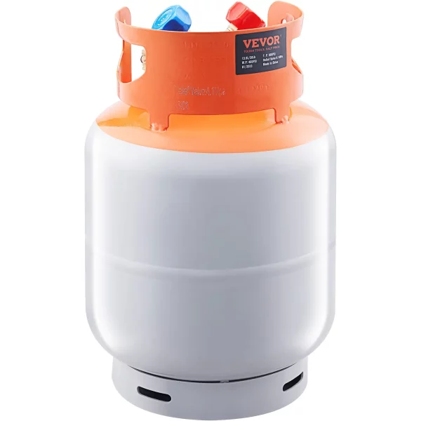 Expanzná nádrž na chladivo, objem 50 lb, prenosná valcová nádrž s tlakom 400 psi s ventilom v tvare Y pre kvapaliny/pary, vysoko utesnená expanzná nádrž pre R22/R134A/R410A, oranžová + sivá – Obrázok 3