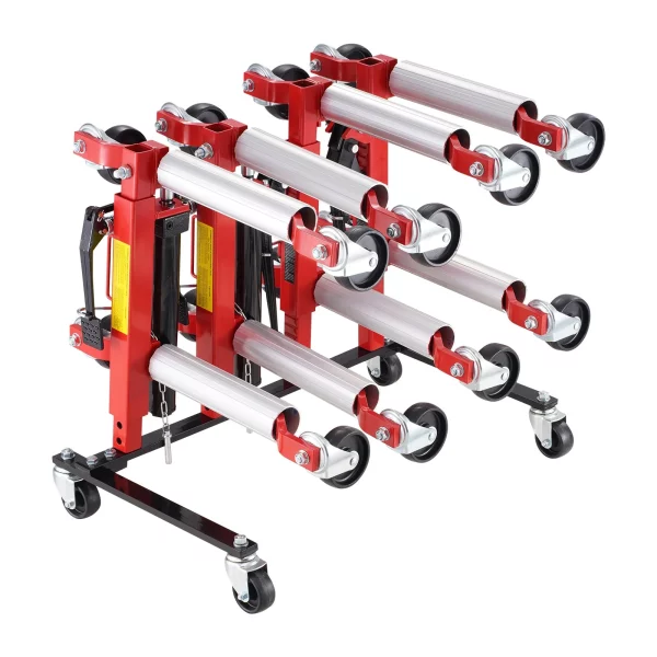 Úložný stojan na zdviháky s kolieskami otočnými o 360°, stojan na zdvihák s hydraulickou račňou, úložný stojan s držiakom na zdvihák, kapacita pre 4 zdviháky – Obrázok 5