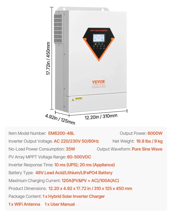 Hybridný solárny invertor  6kW, univerzálny invertor s čisto sínusovou vlnou, 48V DC na 220/230V AC, so vstavaným 120A MPPT solárnym regulátorom, pre olovené a lítiové batérie v systéme mimo siete – Obrázok 7