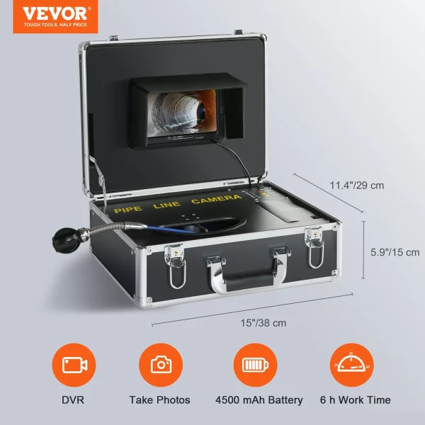 Profesionálna 7" 480p kamera na potrubie, 30m kanalizačná kamera, endoskopická kamera s 1000TVL, uhol záberu 130°, priemer kamery 25 mm, batéria 4500 mAh na 6 hodín, endoskopická kamera, DVR a nahrávanie fotografií – Obrázok 4