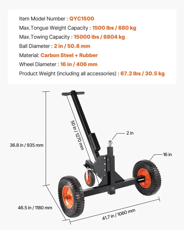 Podvozok na príves 2 v 1, pomôcka na manévrovanie s prívesom, zaťaženie čelom 680,4 kg, nastaviteľná výška 56 a 66 cm, ťažná guľa 50,8 mm, pneumatiky 38 cm, na premiestňovanie obytných prívesov – Obrázok 6