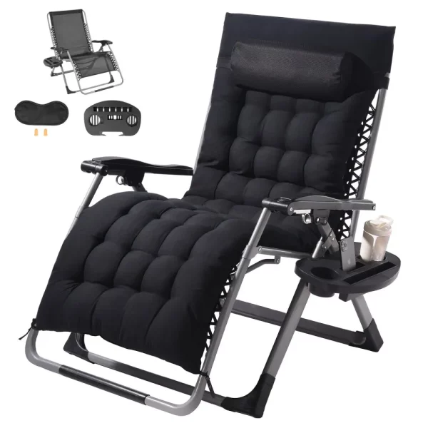 Zero Gravity Chair, 84 cm polohovateľné kreslo s nulovou gravitáciou na vnútorné aj vonkajšie použitie, nastaviteľné antigravitačné kreslo s vankúšom, opierkou hlavy, opierkou nôh a držiakom na poháre, 227 kg, čierne
