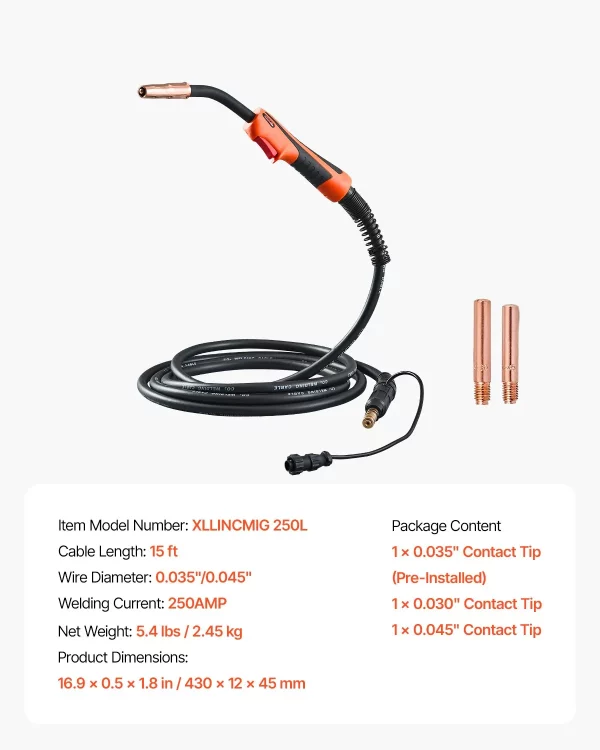 Zváracia pištoľ 250A MIG s káblom 4,6 m, zvárací horák kompatibilný so zváracími prístrojmi LincoIn Power MIG 200, 215, 216, 255 a Wire-Matic 255, vhodný pre zváracie drôty s priemerom 0,0889/0,1143 cm – Obrázok 6