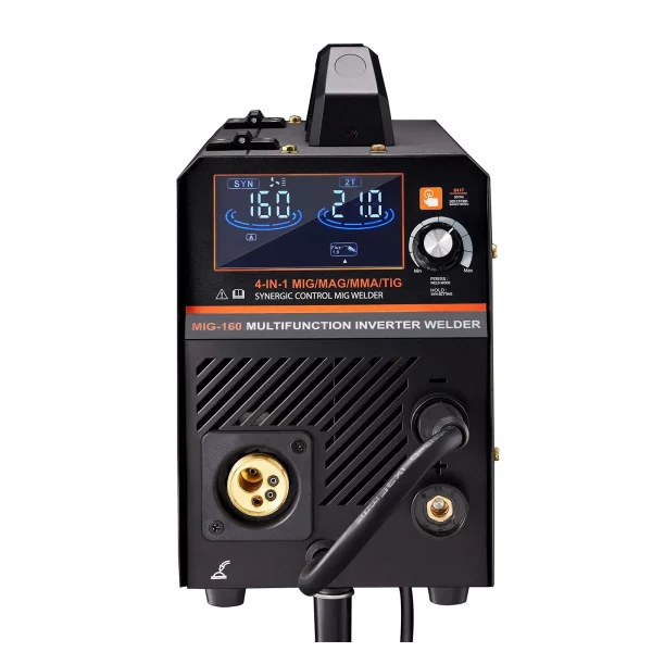 Zváračka MIG, zváračka 160A, synergický zvárací stroj MIG, 4-v-1 plynová/MIG/MMA/Lift TIG multiprocesná zváračka s invertorovou technológiou IGBT a LCD displejom – Obrázok 3