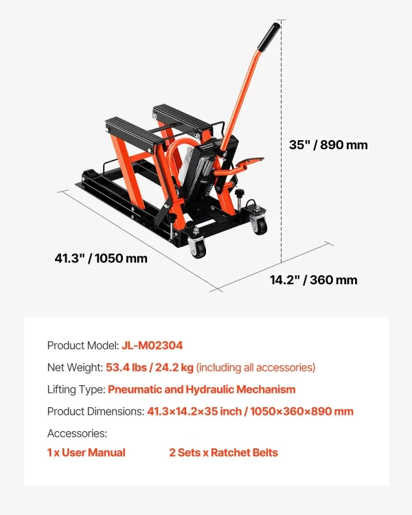Motocyklový zdvihák Hydraulický a pneumatický a rolovací zdvihák na motocykle s výškovým rozsahom 119 – 381 mm, zdvihák na opravu bicyklov (nosnosť 680 kg) s odnímateľnou rampou – Obrázok 7