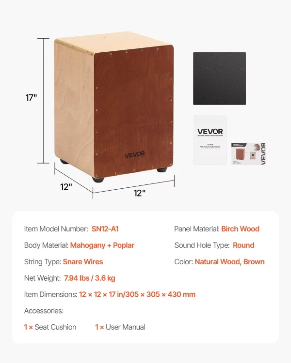 Cajon Box Drum s vnútornými drôtmi pre malý bubon, ľahký drevený bubon, prenosný bubnový hudobný nástroj so silikónovými nožičkami, zaoblené hrany, pre začiatočníkov a profesionálov, 305 x 305 x 430 mm – Obrázok 6