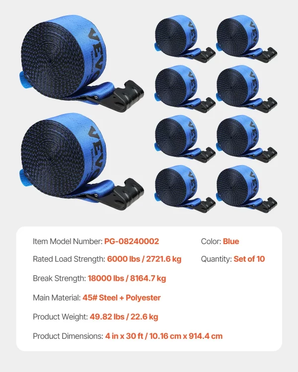 Popruhy na navijak, 4" x 30', nosnosť 6000 libier, pevnosť v ťahu 18000 libier, popruhy na nákladné vozidlá s plochým hákom, pre prívesy, farmy, záchranné služby, šetrič stromov, modré (balenie po 10 ks) – Obrázok 6
