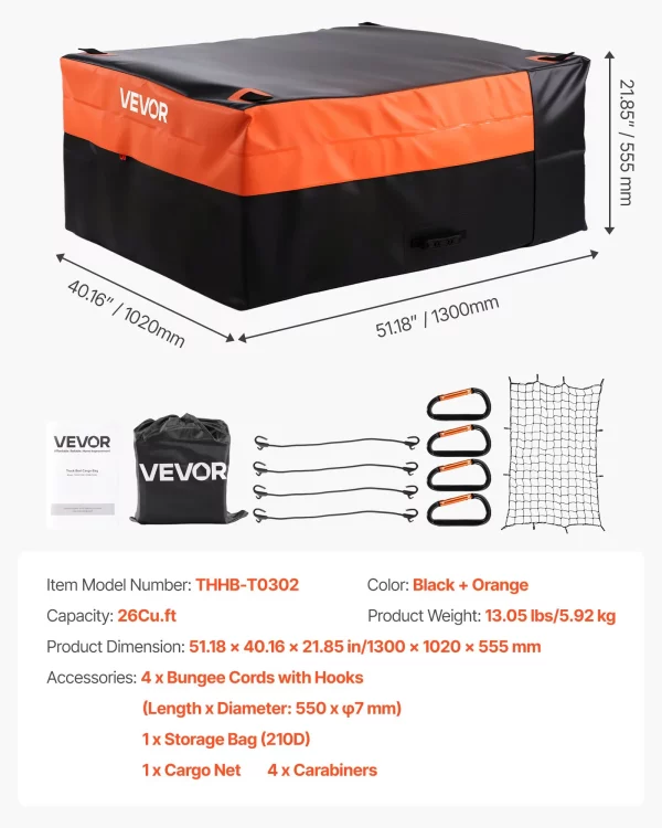 Carrier Bag, taška na korbu nákladného vozidla vyrobená z vodotesného PVC 840D (0,736 m³), ​​​​batožinová taška na uskladnenie na zadnej strane nákladných vozidiel s nákladnou sieťou pre osobné automobily, SUV, dodávky, čierna/oranžová – Obrázok 7