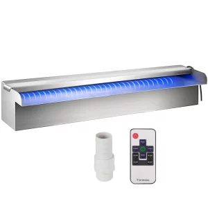 Prepadový kanál pre bazénový vodopád 30 x 11,5 x 8 cm, nerezová oceľová fontána do bazéna s farebným LED pásikom, pripojenie hadice, diaľkové ovládanie, odolné voči korózii pre jazierko a bazén.