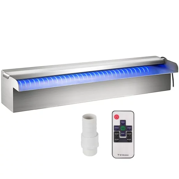 Prepadový kanál pre bazénový vodopád 30 x 11,5 x 8 cm, nerezová oceľová fontána do bazéna s farebným LED pásikom, pripojenie hadice, diaľkové ovládanie, odolné voči korózii pre jazierko a bazén.