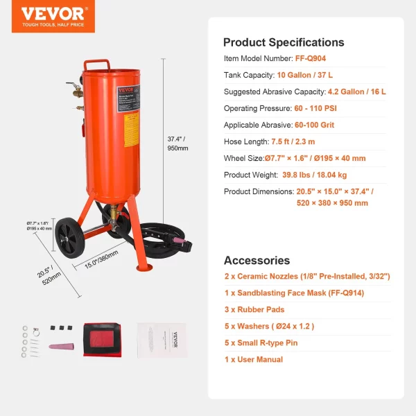 Mobilný pieskovací systém 37 l, pracovná hadica 2,3 m, pracovný tlak pieskovacieho zariadenia 60 – 110 PSI, ideálny na odstraňovanie hrdze, farby, škvŕn a leštenie veľkých plôch – Obrázok 8