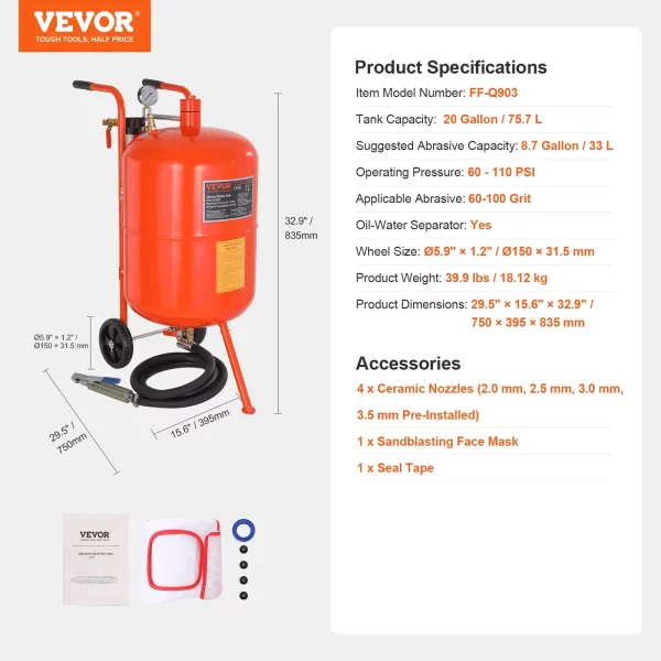 Mobilný pieskovací systém  s objemom 75,7 l, pracovnou hadicou približne 244 cm, pracovným tlakom 60 – 110 PSI, ideálny na odstraňovanie hrdze, farby, škvŕn a leštenie veľkých plôch – Obrázok 8