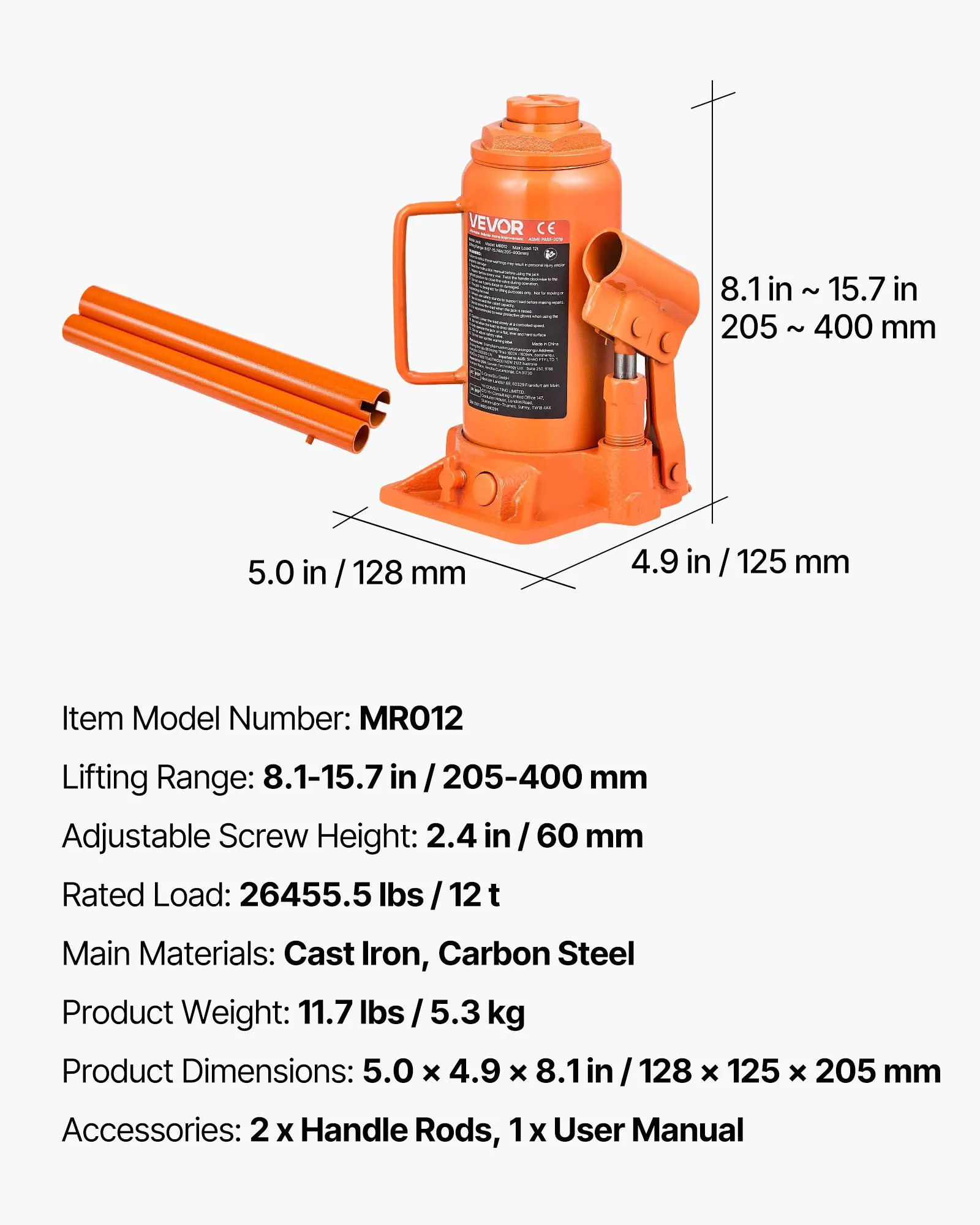 Hydraulický podlahový zdvihák 12 t, rozsah zdvihu 205 – 400 mm, vysokovýkonný zdvihák na fľaše pre autá, SUV, pickupy, opravy automobilov, domáce zdvíhacie plošiny, poľnohospodárske stroje, oranžový – Obrázok 7
