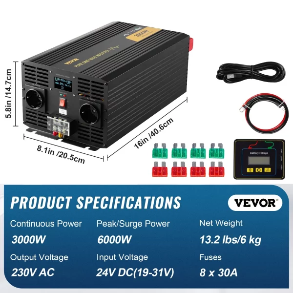3000 W čistý sínusový menič výkonu DC 24V na AC 230V do auta s USB portom, LCD displejom, diaľkovým ovládaním a EU zásuvkami pre obytné vozidlá, nákladné vozidlá, autá, solárne systémy, cestovanie, kempovanie – Obrázok 6