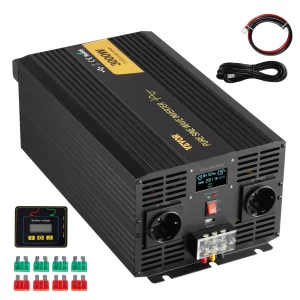 3000 W čistý sínusový menič výkonu DC 24V na AC 230V do auta s USB portom, LCD displejom, diaľkovým ovládaním a EU zásuvkami pre obytné vozidlá, nákladné vozidlá, autá, solárne systémy, cestovanie, kempovanie