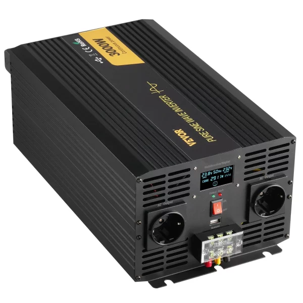 3000 W čistý sínusový menič výkonu DC 24V na AC 230V do auta s USB portom, LCD displejom, diaľkovým ovládaním a EU zásuvkami pre obytné vozidlá, nákladné vozidlá, autá, solárne systémy, cestovanie, kempovanie – Obrázok 4