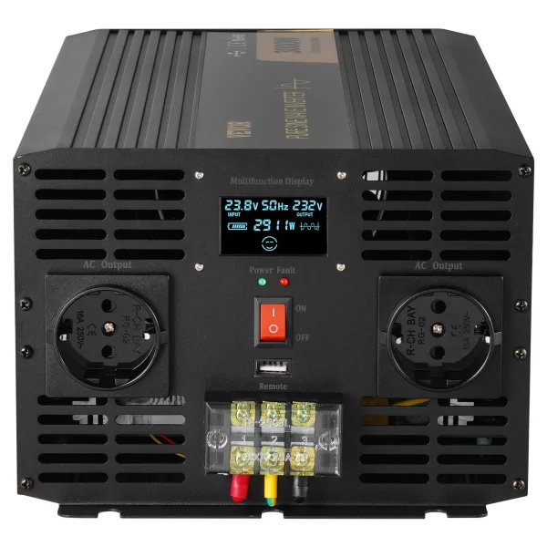 3000 W čistý sínusový menič výkonu DC 24V na AC 230V do auta s USB portom, LCD displejom, diaľkovým ovládaním a EU zásuvkami pre obytné vozidlá, nákladné vozidlá, autá, solárne systémy, cestovanie, kempovanie – Obrázok 3