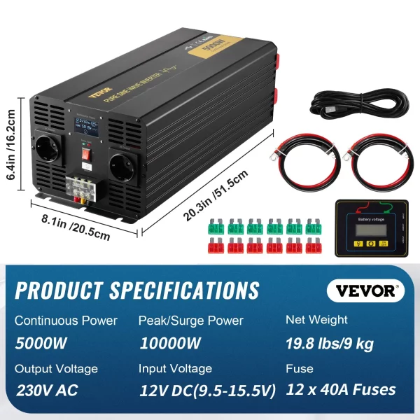 5000 W čistý sínusový menič výkonu, DC 12V na AC 230V menič do auta s LCD displejom, USB portom a diaľkovým ovládaním, menič napätia pre auto, karavan, nákladné auto, solárny systém, cestovanie, kempovanie – Obrázok 7