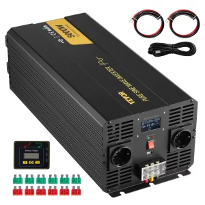 5000 W čistý sínusový menič výkonu, DC 12V na AC 230V menič do auta s LCD displejom, USB portom a diaľkovým ovládaním, menič napätia pre auto, karavan, nákladné auto, solárny systém, cestovanie, kempovanie