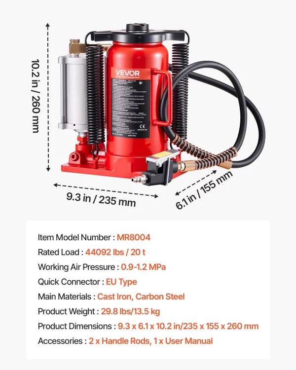 Pneumatický hydraulický zdvihák na fľaše 20t s rozsahom zdvihu 260 – 495 mm, pneumatický/ručný zdvihák na fľaše s pumpou pre opravy automobilov, pickupov, obytných vozidiel, SUV, červený – Obrázok 7