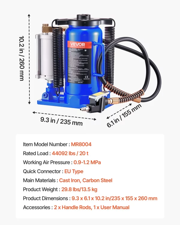 Pneumatický hydraulický zdvihák na fľaše 20t s rozsahom zdvihu 260 – 495 mm, pneumatický/ručný zdvihák na fľaše s pumpou pre opravy automobilov, pickupov, obytných vozidiel, SUV, modrý – Obrázok 7