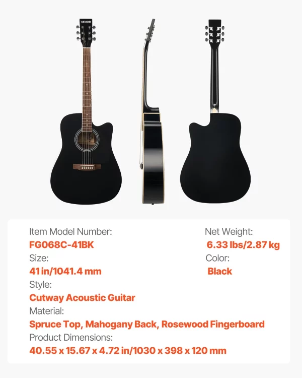 Elektroakustická gitara Cutaway Solo pre začiatočníkov, sada 1041,4 mm (41 palcov), čierna – Obrázok 6