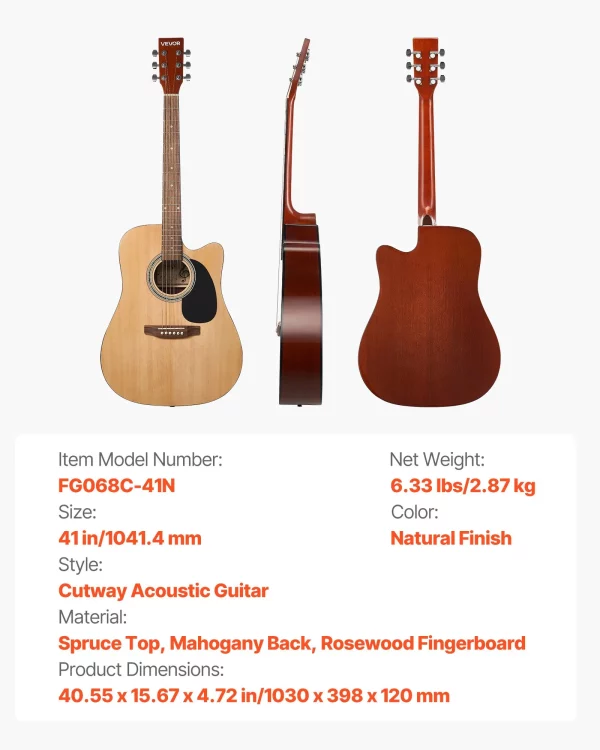Elektroakustická gitara Cutaway pre začiatočníkov 1041,4 mm (41 palcov), dospelá, natural – Obrázok 5