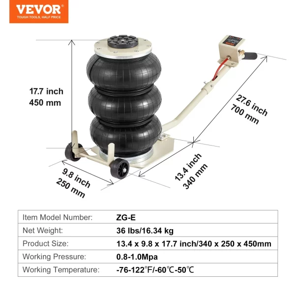 Pneumatický zdvihák do auta Air Jack 3t, biely trojitý vzduchový zdvihák s airbagom, výška zdvihu 140 – 450 mm, airbagový vzduchový zdvihák s dlhou rukoväťou, 5-minútový zdvihák pre SUV, nákladné autá, osobné autá atď. – Obrázok 7