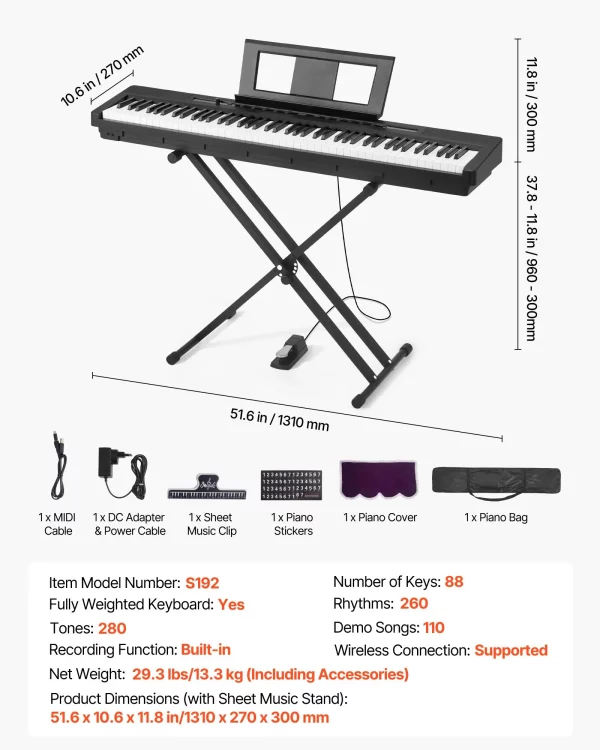 Digitálne piano  88 klávesov, plne vážené, elektrické piano s duálnou klaviatúrou a reproduktormi s X-stojanom, sustain pedál, funkcia nahrávania, 280 tónov, bezdrôtové pripojenie, pre začiatočníkov, čierne – Obrázok 5
