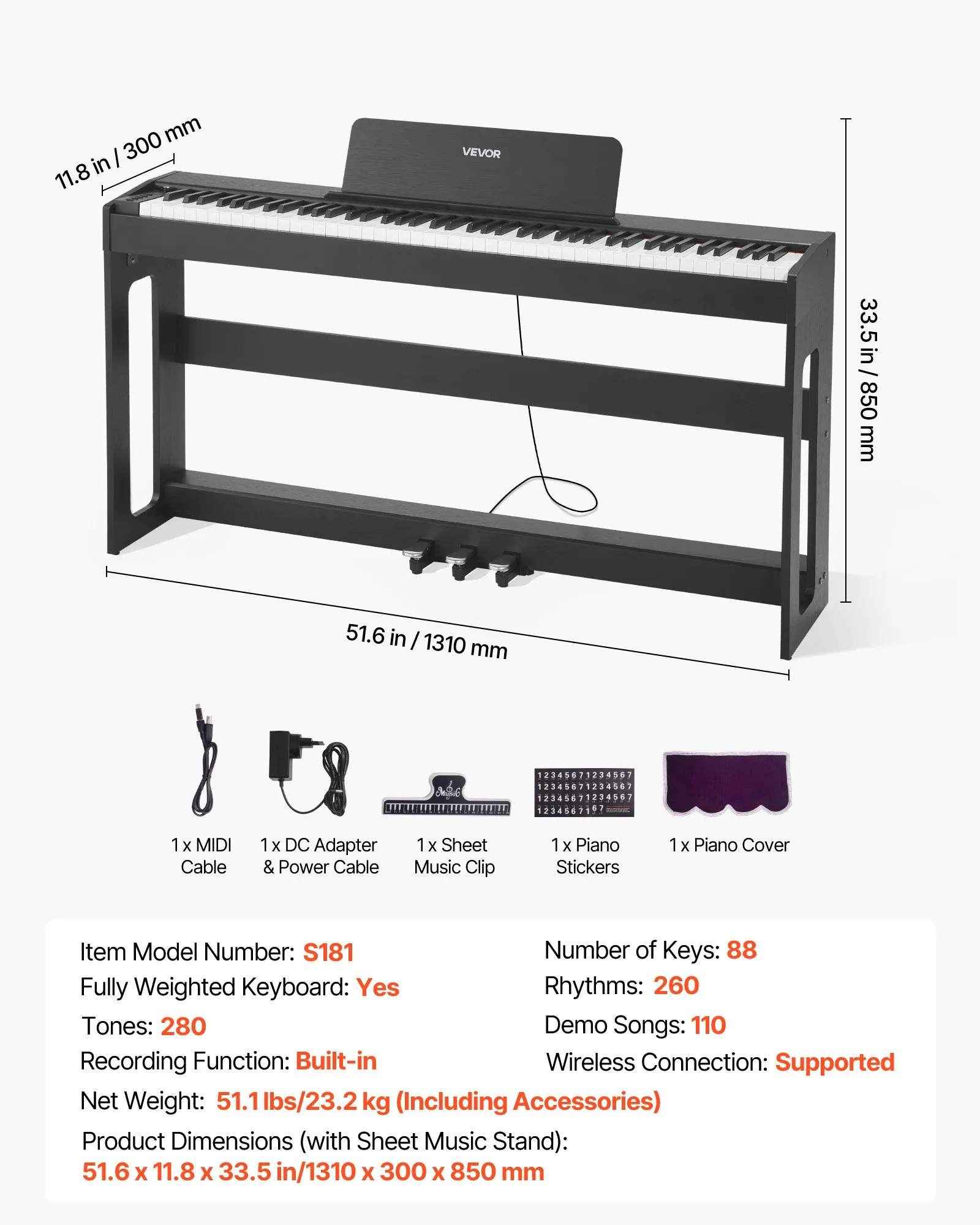vDigitálne piano , 88 klávesov, plne vyvážené, citlivé na dotyk, elektrické piano s nábytkovým stojanom, AC adaptér, trojitý pedál, funkcia nahrávania, 280 nôt, bezdrôtové pripojenie, pre začiatočníkov, čierne – Obrázok 5