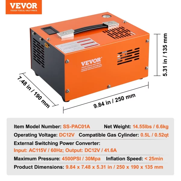 Kompresor PCP 30Mpa/4500 PSI, prenosný vzduchový kompresor 0,5 l, PCP kompresor DC12V a AC115V, 25 minútový pracovný cyklus, vzduchové čerpadlo, vysokovýkonný menič, vysokotlakové čerpadlo, vzduchovka, puška – Obrázok 5