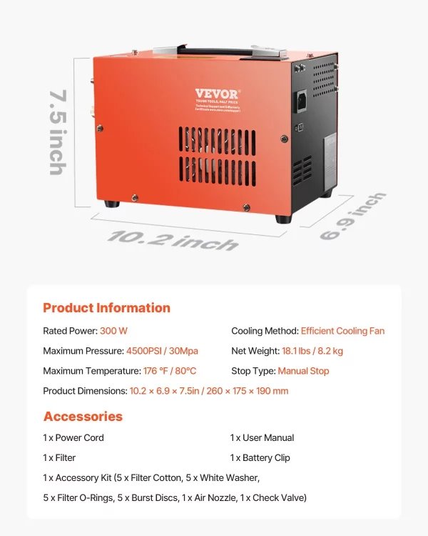 Vzduchový kompresor PCP, kompresor PCP pre vzduchovku 4500 PSI so vstavaným meničom a chladiacim systémom ventilátora, kompresorové čerpadlo DC12V/AC230V s manuálnym zastavením pre vzduchovky, paintball a potápačské fľaše – Obrázok 6