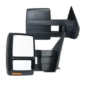 Ťažné zrkadlá, ľavý a pravý pár pre Ford F150 2004-2014, elektricky vyhrievané so smerovkami a osvetlením do kaluží, ploché a vypuklé sklo, manuálne ovládaný teleskopický sklápací systém, vyhrievanie a odmrazovanie, čierne