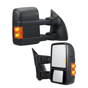 Ťažné zrkadlá, ľavý a pravý pár pre Ford F250 F350 F450 F550, rok výroby 1999-2007, elektricky vyhrievané so smerovkami, ploché a vypuklé sklo, manuálne ovládaný teleskopický sklápací systém, vyhrievanie a odmrazovanie, čierne
