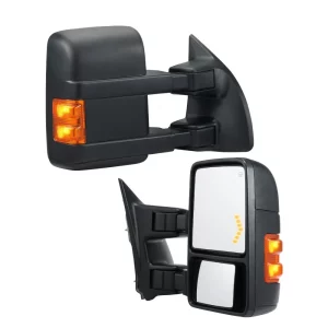 Ťažné zrkadlá, ľavý a pravý pár pre Ford F250 F350 F450 F550, rok výroby 2008-2016, elektricky vyhrievané so smerovkou, ploché a vypuklé sklo, manuálne ovládaný teleskopický sklápací systém, vyhrievanie a odmrazovanie, čierne