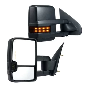 Ťažné zrkadlá, sada ľavého a pravého páru pre Chevrolet Silverado (2003-2007)/GMC/Cadillac, elektricky vyhrievané so smerovkami a LED diaľkovými svetlami, manuálne výsuvné a sklopné, s funkciou vyhrievania a odmrazovania, čierne