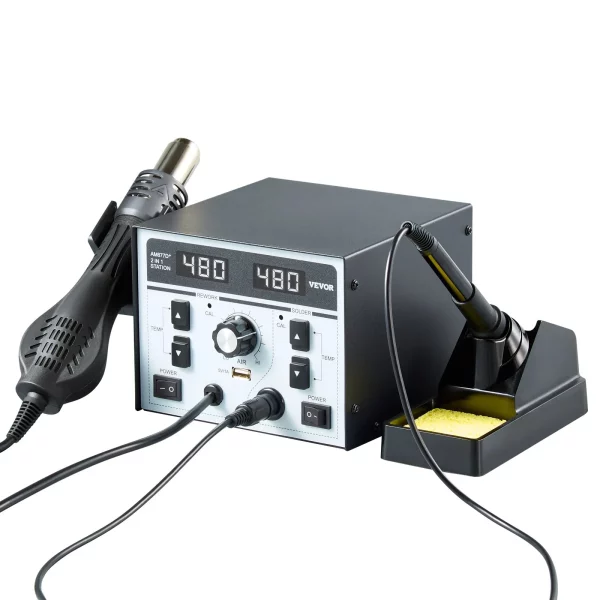 Teplovzdušná spájkovacia stanica 2 v 1, digitálny displej 820 W, stanica na opravu a spájkovanie s 5V USB nabíjacím portom, nastaviteľná teplota a prietok vzduchu, 3 teplovzdušné trysky, 5 spájkovacích hrotov – Obrázok 3