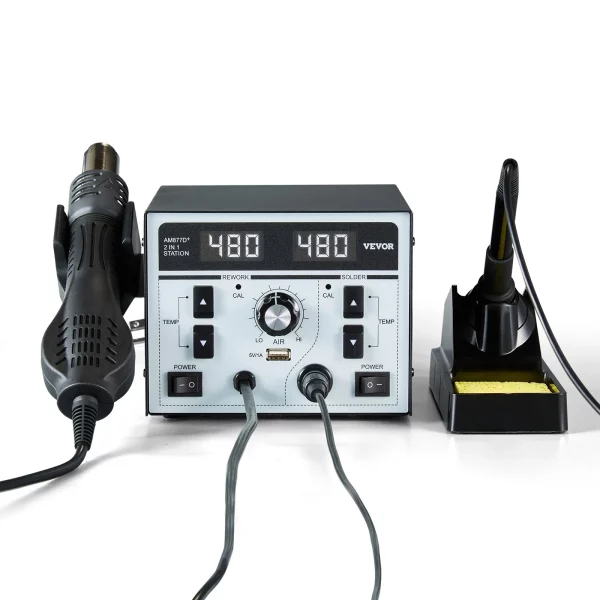 Teplovzdušná spájkovacia stanica 2 v 1, digitálny displej 820 W, stanica na opravu a spájkovanie s 5V USB nabíjacím portom, nastaviteľná teplota a prietok vzduchu, 3 teplovzdušné trysky, 5 spájkovacích hrotov – Obrázok 2