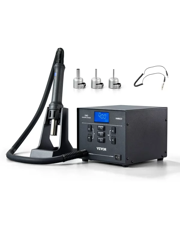Teplovzdušná opravárenská stanica, 1000 W, teplovzdušná pištoľ 100 – 480 ℃ s 99-úrovňovým nastaviteľným prietokom vzduchu, 3 prednastavenými kanálmi a 3 teplovzdušnými tryskami na demontáž čipov a opravy elektroniky – Obrázok 7