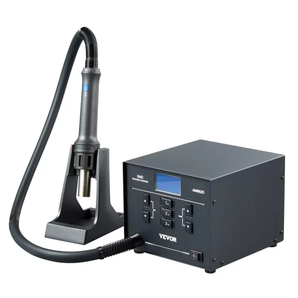 Teplovzdušná opravárenská stanica, 1000 W, teplovzdušná pištoľ 100 – 480 ℃ s 99-úrovňovým nastaviteľným prietokom vzduchu, 3 prednastavenými kanálmi a 3 teplovzdušnými tryskami na demontáž čipov a opravy elektroniky – Obrázok 2