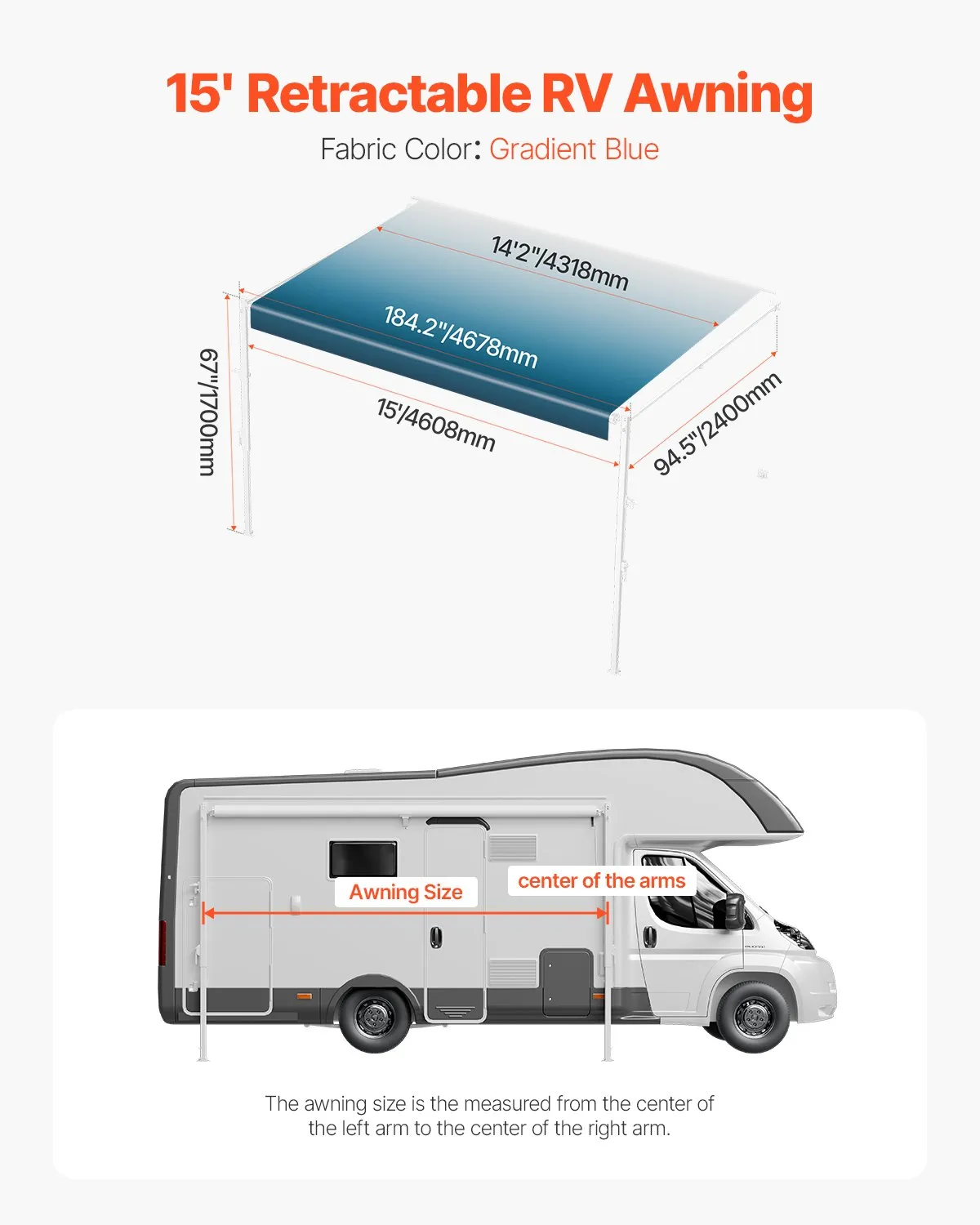Markíza pre karavany. Univerzálna zaťahovacia markíza pre obytné vozidlá (457 cm), vodotesná markíza pre obytné vozidlá s rámom z hliníkovej zliatiny, vonkajšia markíza s bielym stojanom a modrými gradientnými látkami – Obrázok 6